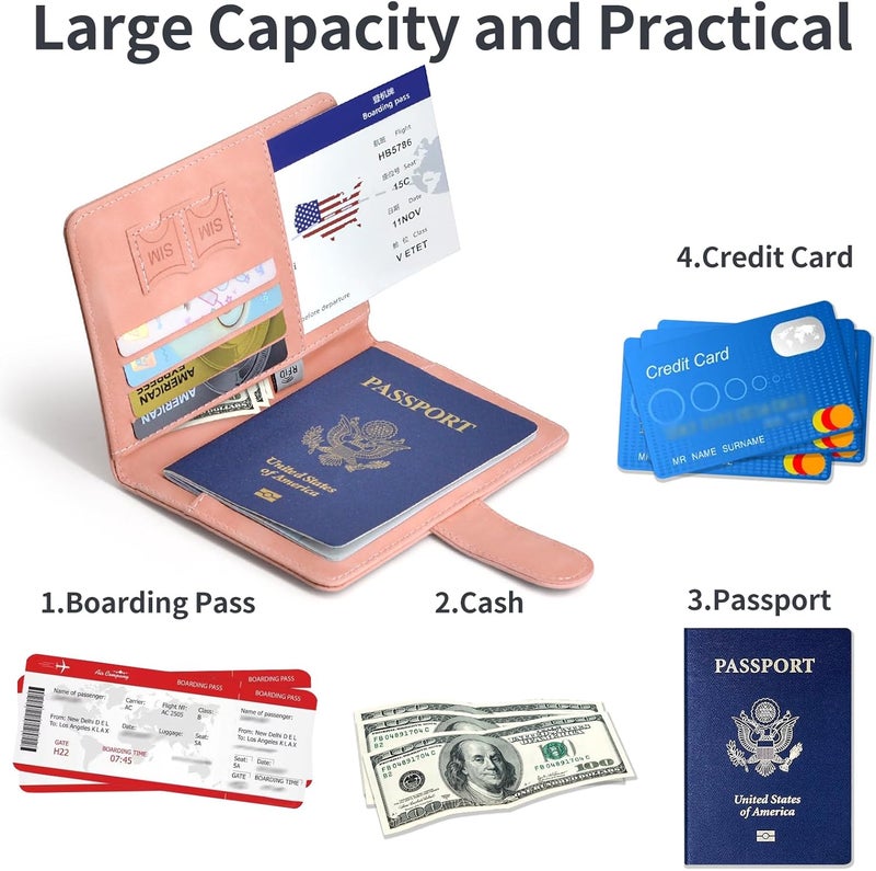 KAOBAN Passport Holder, Passport Cover with Credit Card Slot and Boarding Pass Slot Combo, Passport Wallet Case Book Travel Must Have, RFID Blocking Leather Travel Accessories, Pink - Image 4